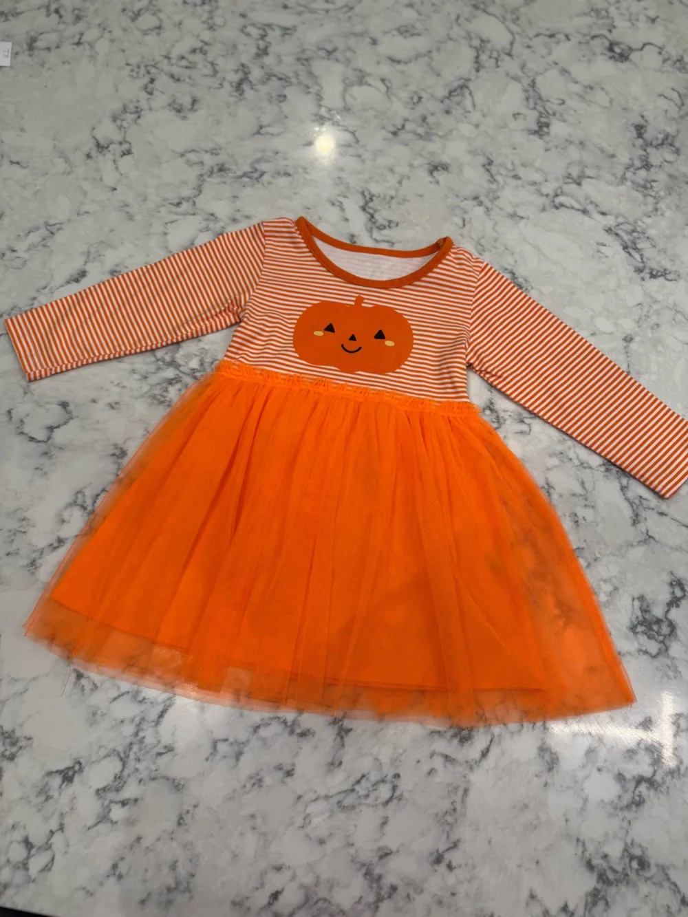 Orange Striped Pumpkin Dress with Tulle Skirt – Size 3Y 🎃